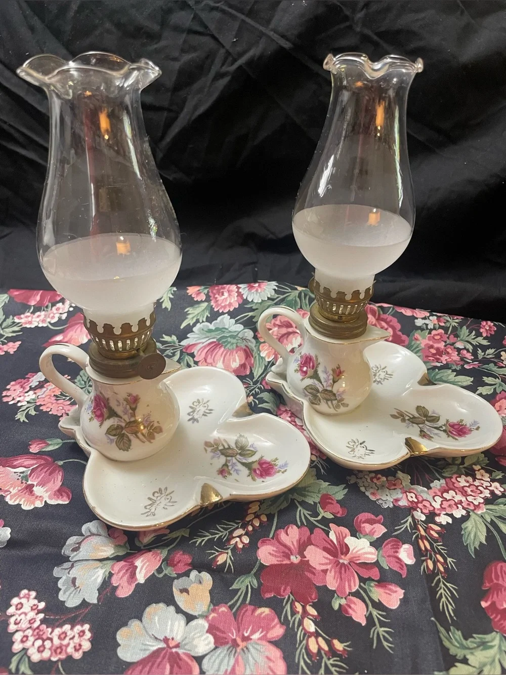 Pair of  Vintage Rare Floral Hurricane Oil Lamp and Ashtray Combination